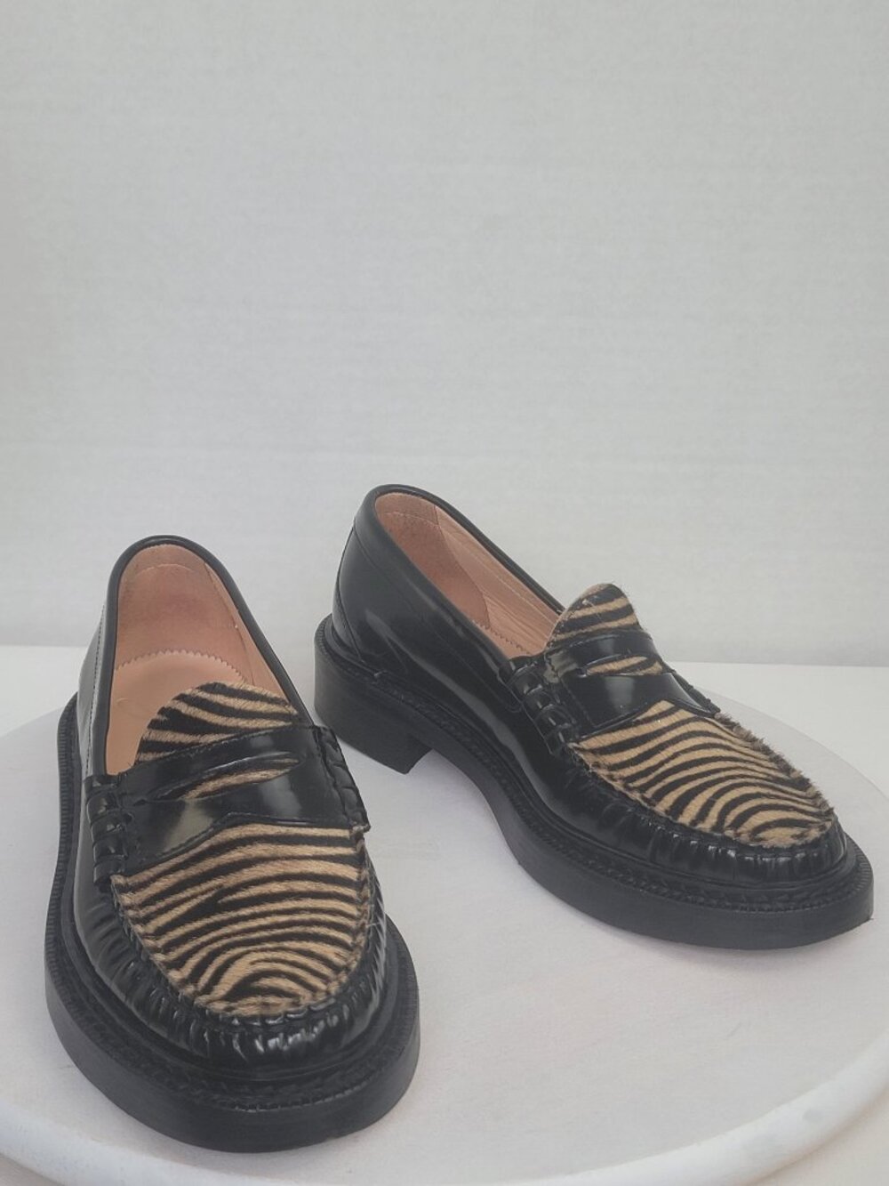 J. Crew Rowan Calf Hair Zebra Print Black Patent Leather Penny Loafer Sz 6